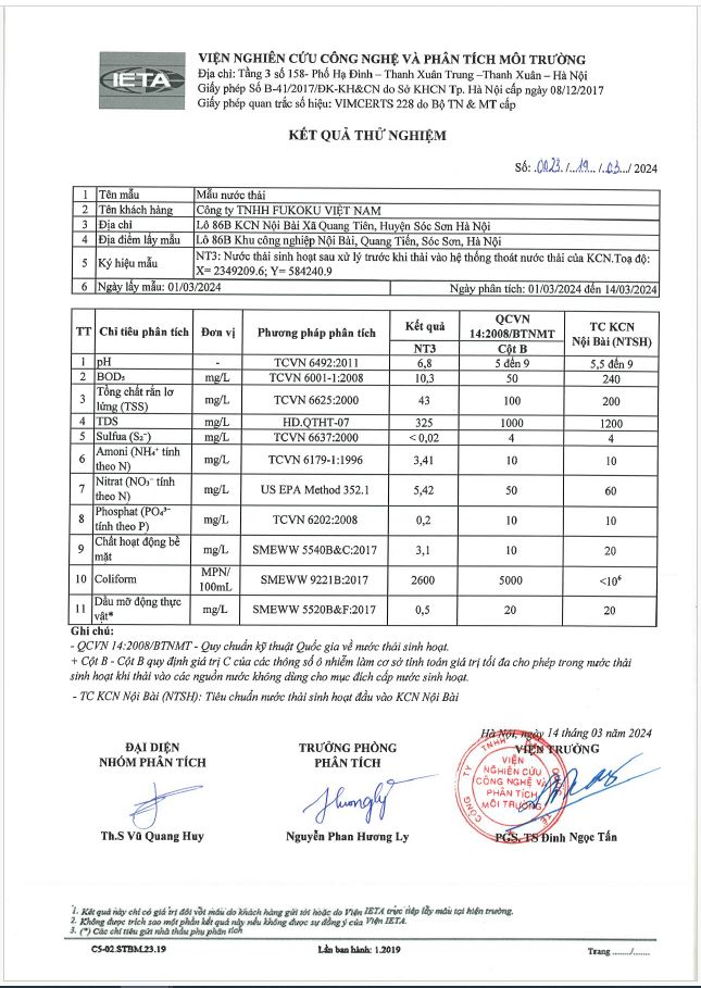 Quý 1/2024 Kết quả quan trắc môi trường lô 86B